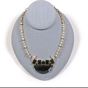 J. Crew Necklace Black Crystal Pendant w/Gold Tone Chain & Rhinestone Accents